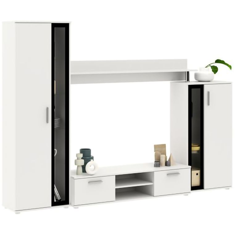 Parete Attrezzata Bianco Nero Modulabile 9 Ripiani, 2 Cassetti - Linafa