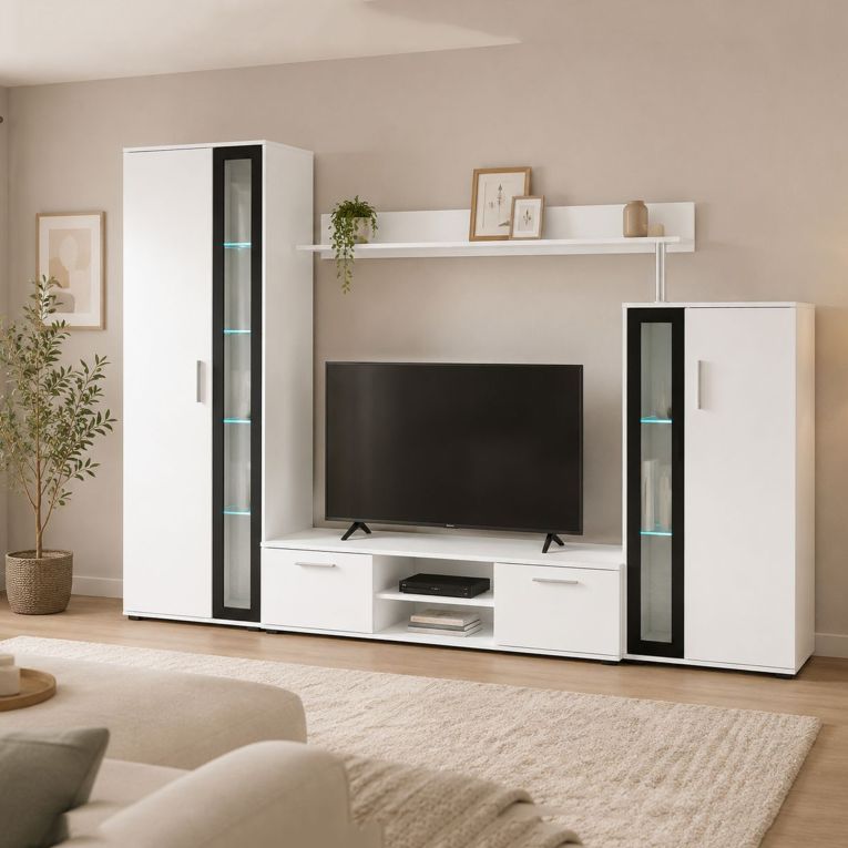 Parete Attrezzata Bianco Nero Modulabile 9 Ripiani, 2 Cassetti - Linahasi