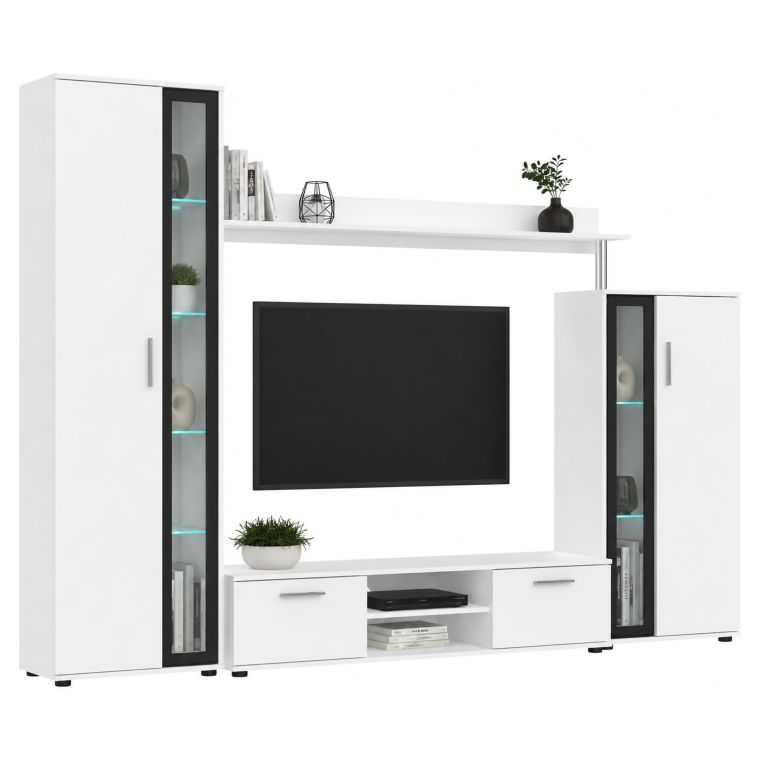 Parete Attrezzata Bianco Nero Modulabile 9 Ripiani, 2 Cassetti - Linahasi