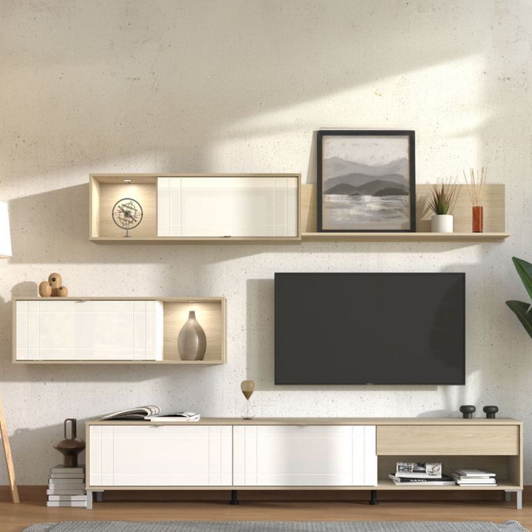 Parete Attrezzata Bianco Opaco Marrone Rovere 7 Ripiani un Cassetto 234x40x176h cm, Modulabile - Elice