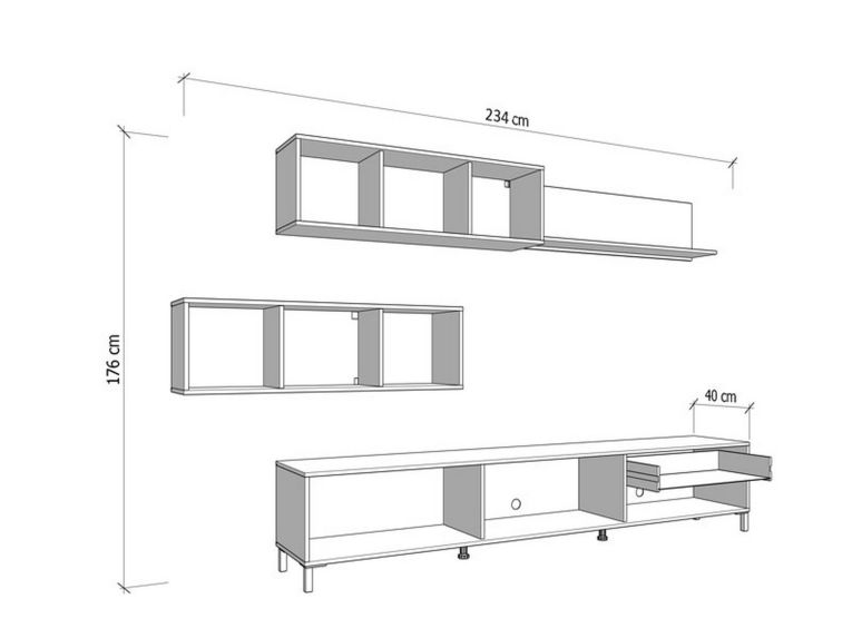 Parete Attrezzata Bianco Opaco Marrone Rovere 7 Ripiani un Cassetto 234x40x176h cm, Modulabile - Elice