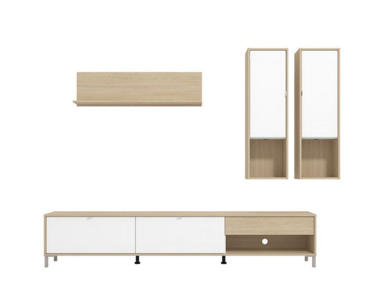 Parete Attrezzata Bianco Opaco Marrone Rovere 7 Ripiani un Cassetto 234x40x176h cm, Modulabile - Elice