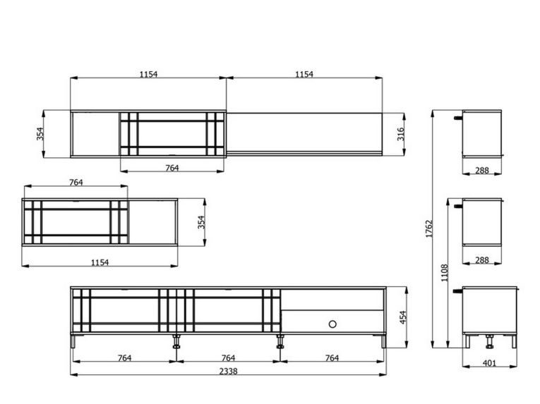Parete Attrezzata Bianco Opaco Marrone Rovere 7 Ripiani un Cassetto 234x40x176h cm, Modulabile - Elice