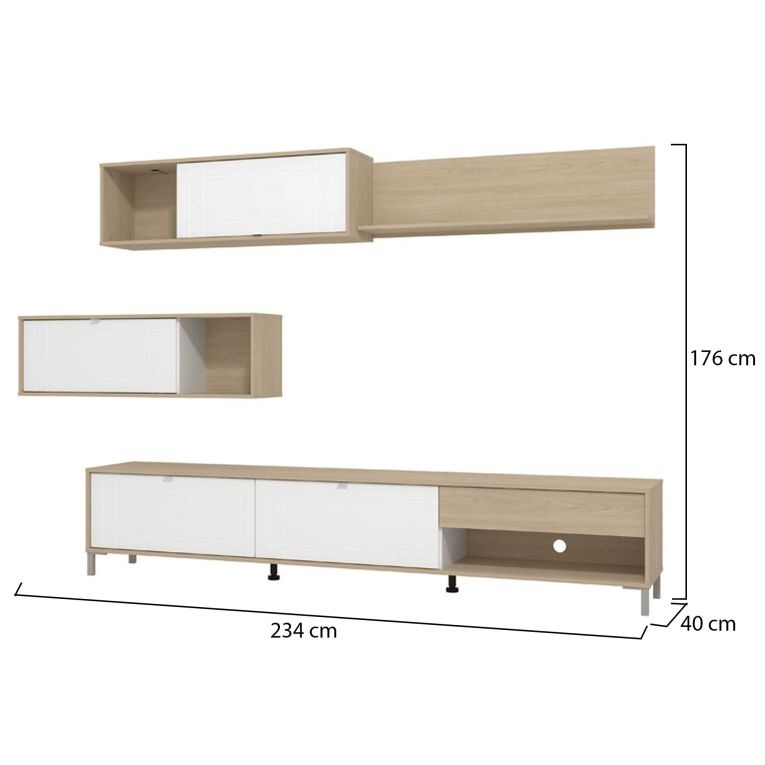 Parete Attrezzata Bianco Opaco Marrone Rovere 7 Ripiani un Cassetto 234x40x176h cm, Modulabile - Elice