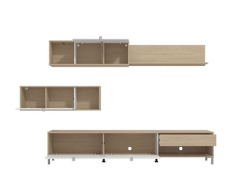 Parete Attrezzata Bianco Opaco Marrone Rovere 7 Ripiani un Cassetto 234x40x176h cm, Modulabile - Elice