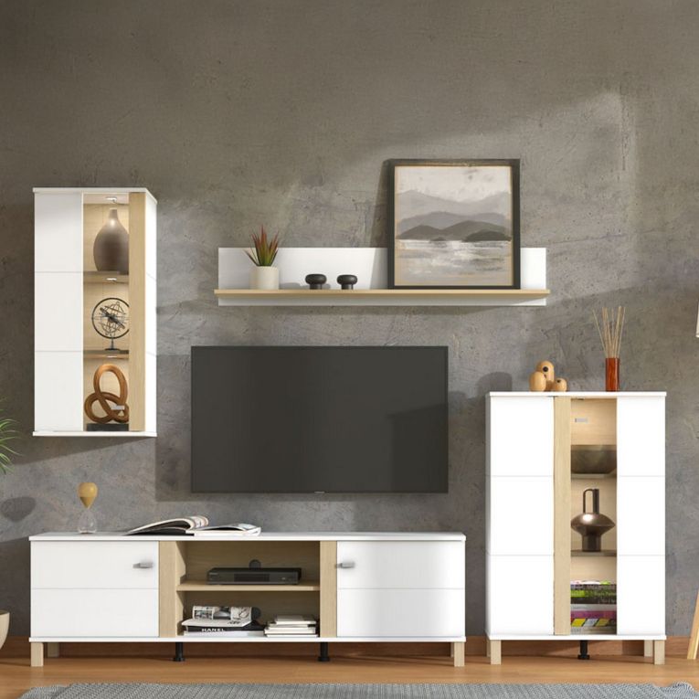 Parete Attrezzata Bianco Opaco Marrone Rovere Modulabile 7 Ripiani 260x40x183h cm, 10 Vani - Albese