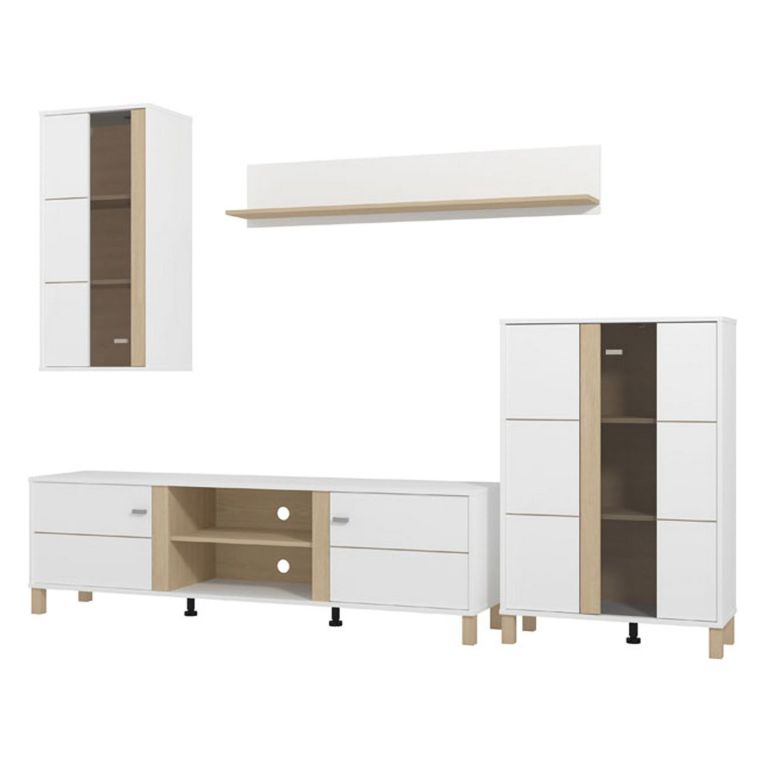 Parete Attrezzata Bianco Opaco Marrone Rovere Modulabile 7 Ripiani 260x40x183h cm, 10 Vani - Albese