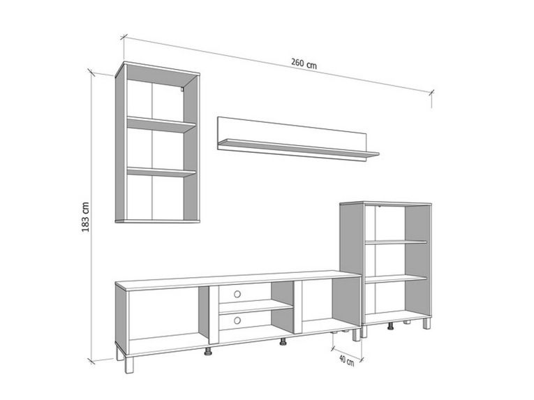 Parete Attrezzata Bianco Opaco Marrone Rovere Modulabile 7 Ripiani 260x40x183h cm, 10 Vani - Albese