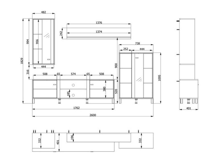 Parete Attrezzata Bianco Opaco Marrone Rovere Modulabile 7 Ripiani 260x40x183h cm, 10 Vani - Albese