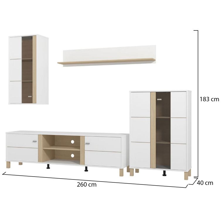 Parete Attrezzata Bianco Opaco Marrone Rovere Modulabile 7 Ripiani 260x40x183h cm, 10 Vani - Albese