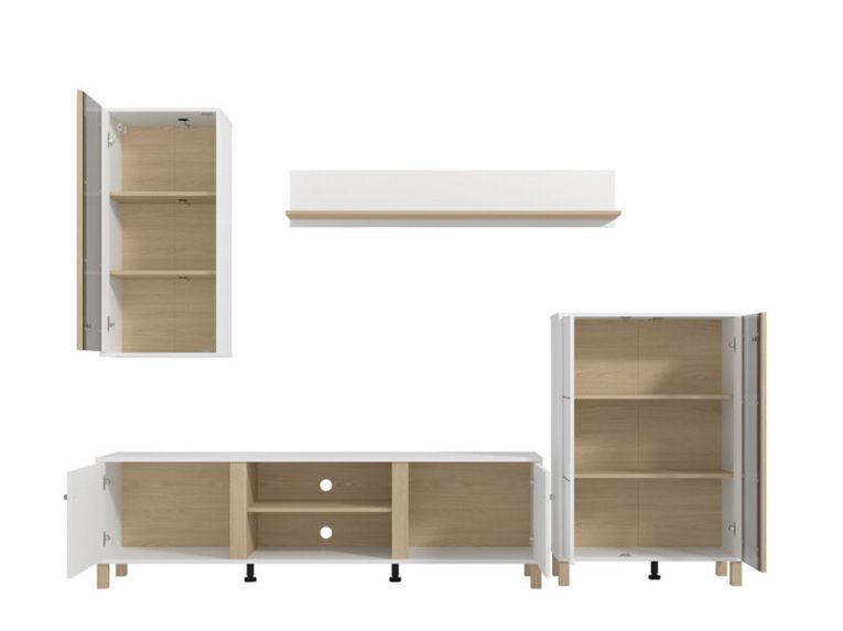 Parete Attrezzata Bianco Opaco Marrone Rovere Modulabile 7 Ripiani 260x40x183h cm, 10 Vani - Albese