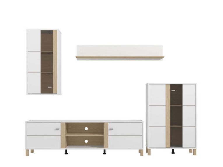 Parete Attrezzata Bianco Opaco Marrone Rovere Modulabile 7 Ripiani 260x40x183h cm, 10 Vani - Albese