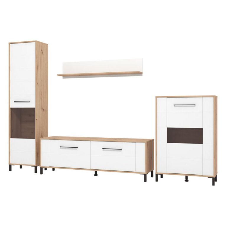 Parete Attrezzata Bianco Opaco Marrone Rovere Nodi Modulabile 8 Ripiani 299x40x192.5h cm, 10 Vani - Cimbergo