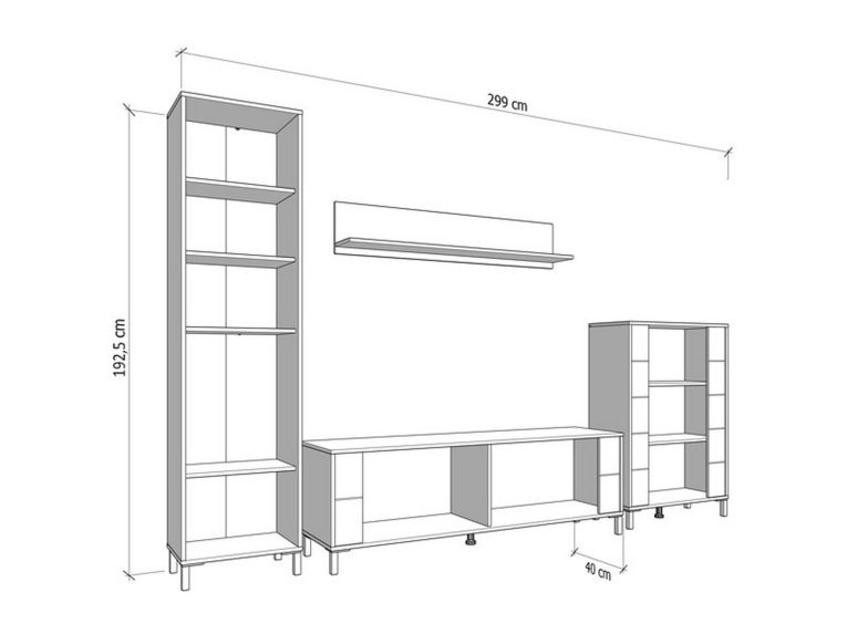Parete Attrezzata Bianco Opaco Marrone Rovere Nodi Modulabile 8 Ripiani 299x40x192.5h cm, 10 Vani - Cimbergo
