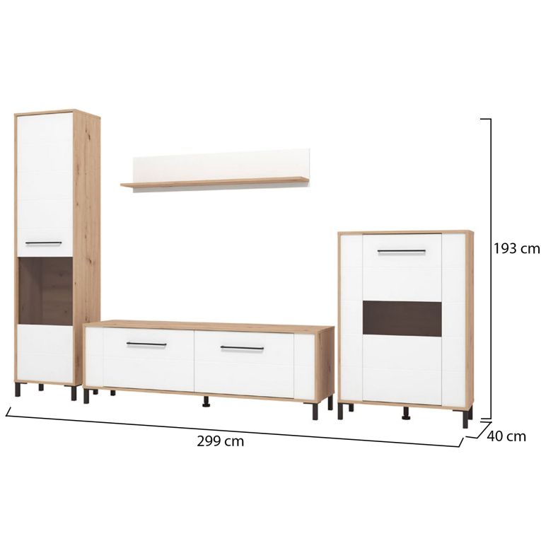 Parete Attrezzata Bianco Opaco Marrone Rovere Nodi Modulabile 8 Ripiani 299x40x192.5h cm, 10 Vani - Cimbergo