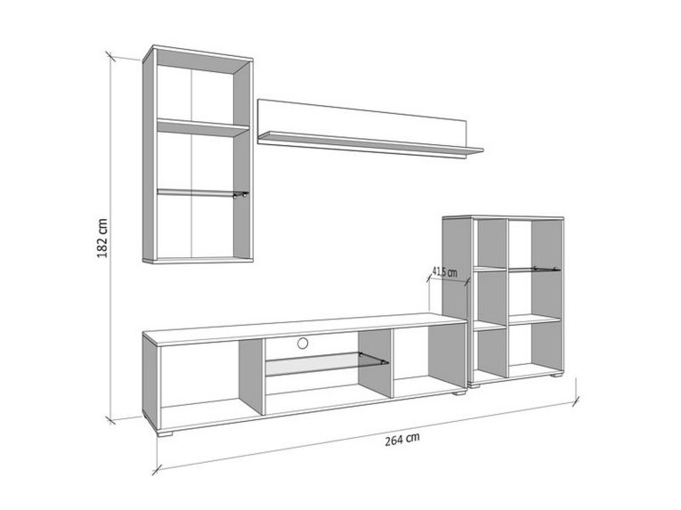 Parete Attrezzata Bianco Opaco Nero Modulabile 7 Ripiani 264x41.5x182h cm, 4 Ante - Ozzero