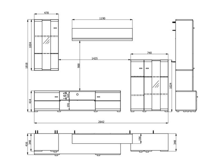 Parete Attrezzata Bianco Opaco Nero Modulabile 7 Ripiani 264x41.5x182h cm, 4 Ante - Ozzero