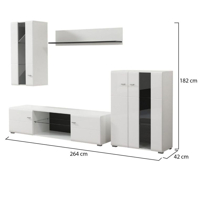 Parete Attrezzata Bianco Opaco Nero Modulabile 7 Ripiani 264x41.5x182h cm, 4 Ante - Ozzero