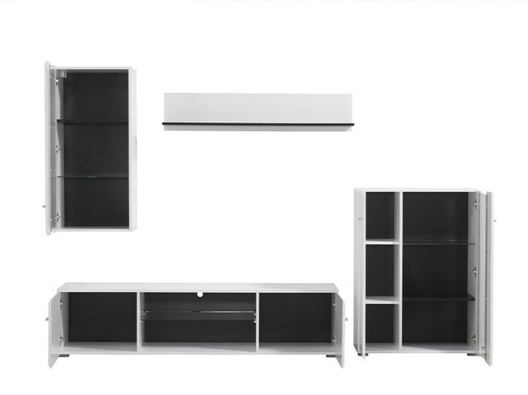 Parete Attrezzata Bianco Opaco Nero Modulabile 7 Ripiani 264x41.5x182h cm, 4 Ante - Ozzero