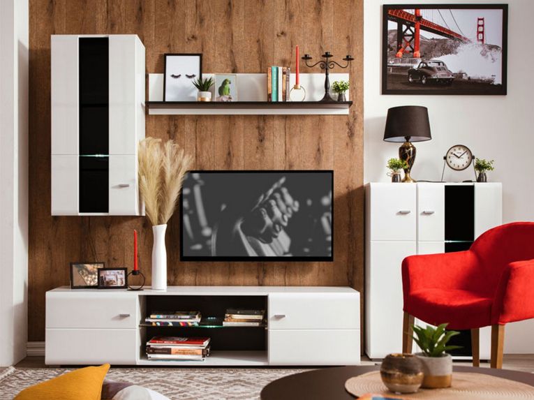 Parete Attrezzata Bianco Opaco Nero Modulabile 7 Ripiani 264x41.5x182h cm, 4 Ante - Ozzero