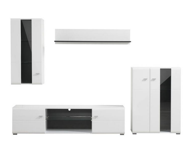 Parete Attrezzata Bianco Opaco Nero Modulabile 7 Ripiani 264x41.5x182h cm, 4 Ante - Ozzero