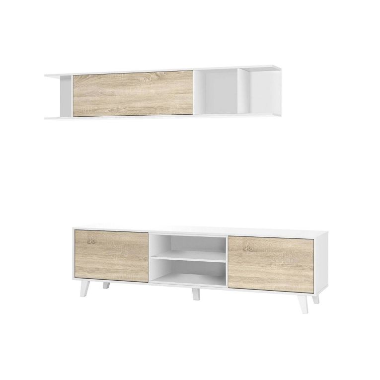 Parete attrezzata Buffalo, Mobile da soggiorno porta TV, Composizione per salotto con pensile, 180x41h51 cm, Bianco e Rovere