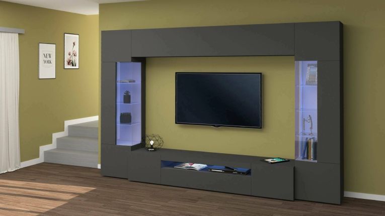 Parete attrezzata Clementino, Set salotto porta TV a 6 ante, Mobile soggiorno multiuso con luce LED, 100% Made in Italy, cm 290x40h191, Antracite