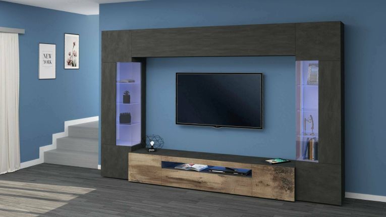 Parete attrezzata Clementino, Set salotto porta TV a 6 ante, Mobile soggiorno multiuso con luce LED, 100% Made in Italy, cm 290x40h191, Antracite e Acero
