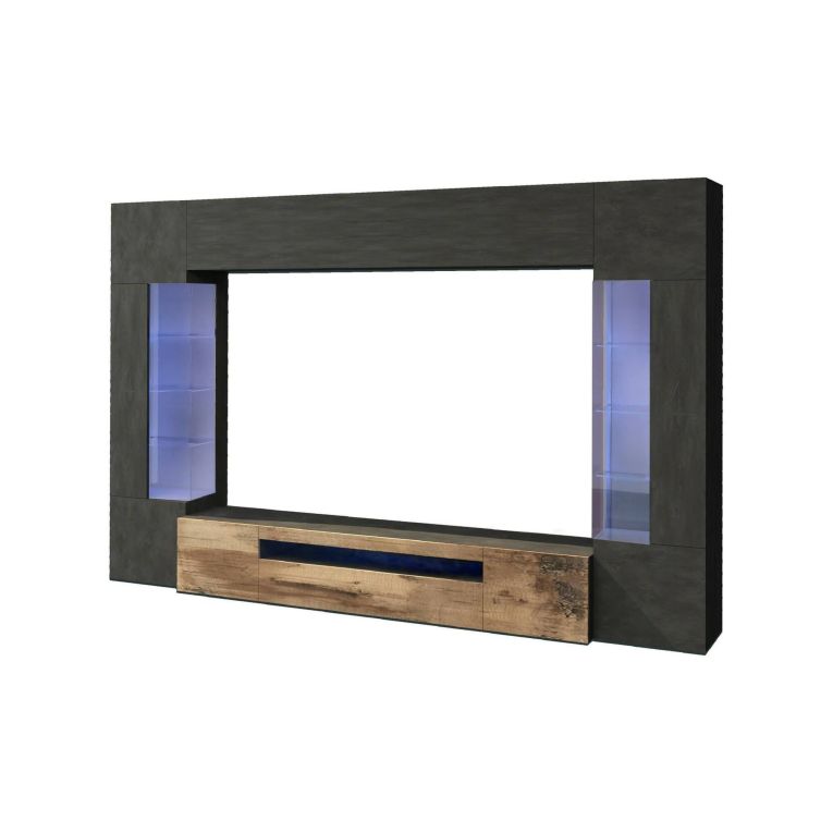 Parete attrezzata Clementino, Set salotto porta TV a 6 ante, Mobile soggiorno multiuso con luce LED, 100% Made in Italy, cm 290x40h191, Antracite e Acero