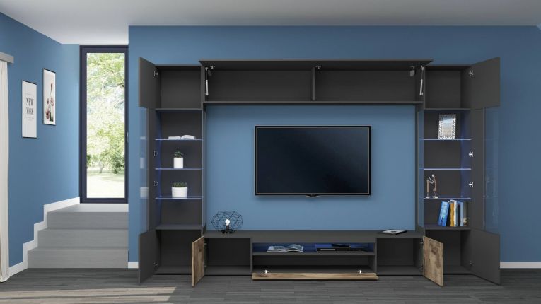 Parete attrezzata Clementino, Set salotto porta TV a 6 ante, Mobile soggiorno multiuso con luce LED, 100% Made in Italy, cm 290x40h191, Antracite e Acero