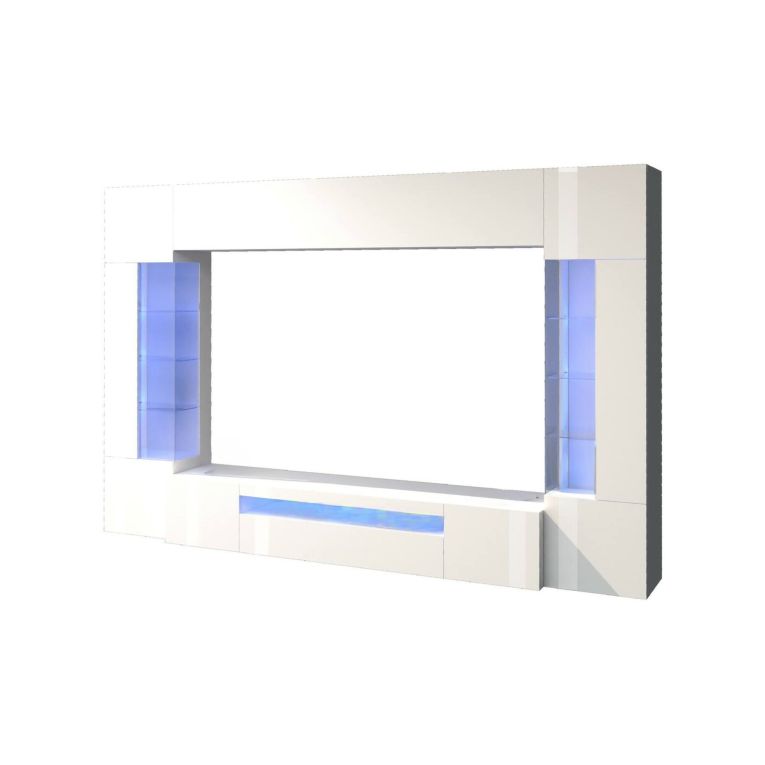 Parete attrezzata Clementino, Set salotto porta TV a 6 ante, Mobile soggiorno multiuso con luce LED, 100% Made in Italy, cm 290x40h191, Bianco lucido