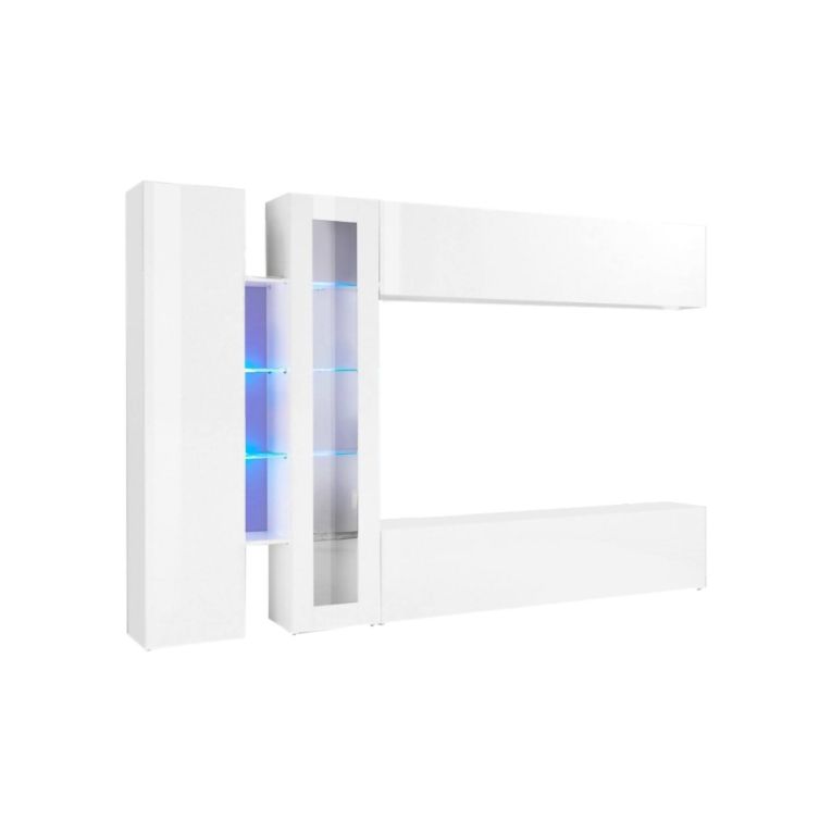 Parete attrezzata Costante, Set salotto porta TV a 4 ante, Mobile soggiorno multiuso, 100% Made in Italy, cm 280x30x180, Bianco lucido