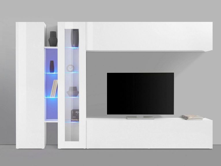 Parete attrezzata Costante, Set salotto porta TV a 4 ante, Mobile soggiorno multiuso, 100% Made in Italy, cm 280x30x180, Bianco lucido