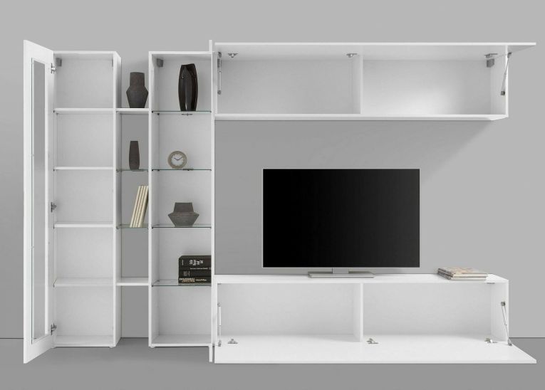 Parete attrezzata Costante, Set salotto porta TV a 4 ante, Mobile soggiorno multiuso, 100% Made in Italy, cm 280x30x180, Bianco lucido