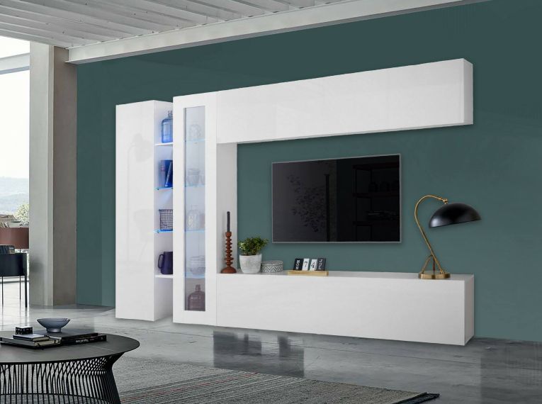 Parete attrezzata Costante, Set salotto porta TV a 4 ante, Mobile soggiorno multiuso, 100% Made in Italy, cm 280x30x180, Bianco lucido