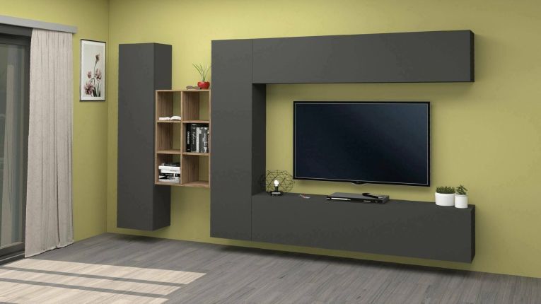Parete attrezzata Danilo, Set salotto porta TV a 4 ante, Mobile soggiorno multiuso, 100% Made in Italy, cm 280x30h180, Antracite e Acero
