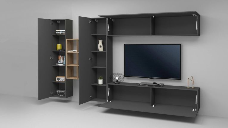 Parete attrezzata Danilo, Set salotto porta TV a 4 ante, Mobile soggiorno multiuso, 100% Made in Italy, cm 280x30h180, Antracite e Acero