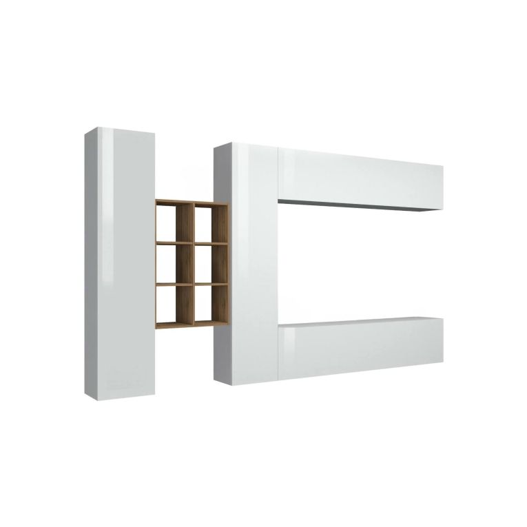 Parete attrezzata Danilo, Set salotto porta TV a 4 ante, Mobile soggiorno multiuso, 100% Made in Italy, cm 280x30h180, Bianco lucido e Acero