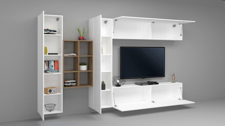 Parete attrezzata Danilo, Set salotto porta TV a 4 ante, Mobile soggiorno multiuso, 100% Made in Italy, cm 280x30h180, Bianco lucido e Acero