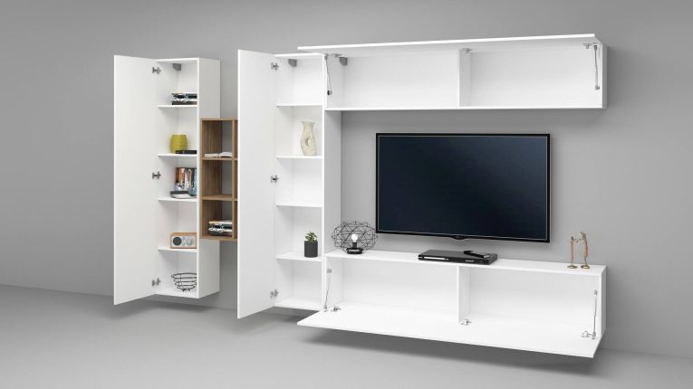 Parete attrezzata Danilo, Set salotto porta TV a 4 ante, Mobile soggiorno multiuso, 100% Made in Italy, cm 280x30h180, Bianco lucido e Acero