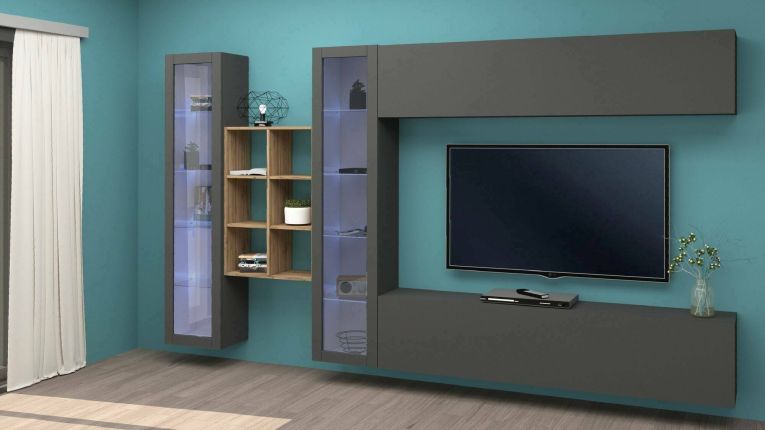 Parete attrezzata Demetrio, Set salotto porta TV a 4 ante, Mobile soggiorno multiuso, 100% Made in Italy, cm 280x30h180, Antracite e Acero