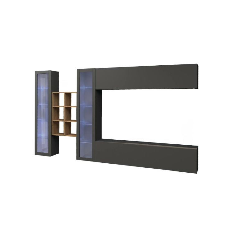 Parete attrezzata Demetrio, Set salotto porta TV a 4 ante, Mobile soggiorno multiuso, 100% Made in Italy, cm 280x30h180, Antracite e Acero