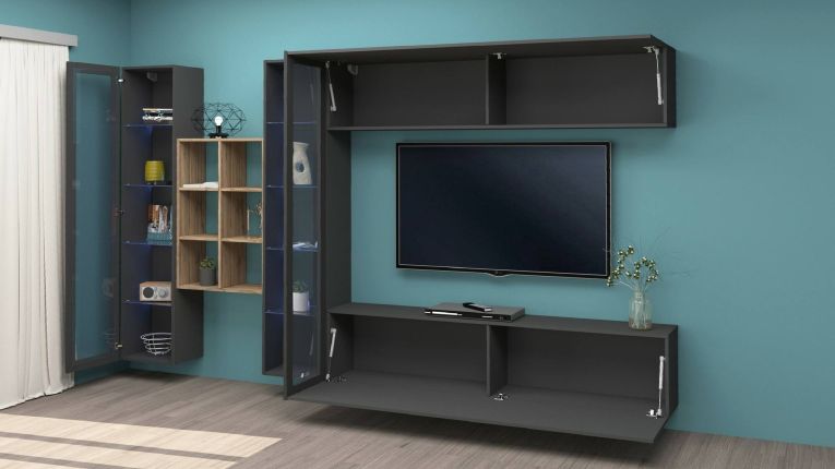 Parete attrezzata Demetrio, Set salotto porta TV a 4 ante, Mobile soggiorno multiuso, 100% Made in Italy, cm 280x30h180, Antracite e Acero
