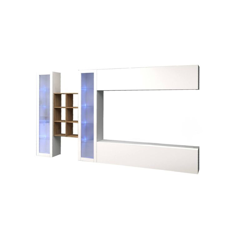 Parete attrezzata Demetrio, Set salotto porta TV a 4 ante, Mobile soggiorno multiuso, 100% Made in Italy, cm 280x30h180, Bianco lucido e Acero