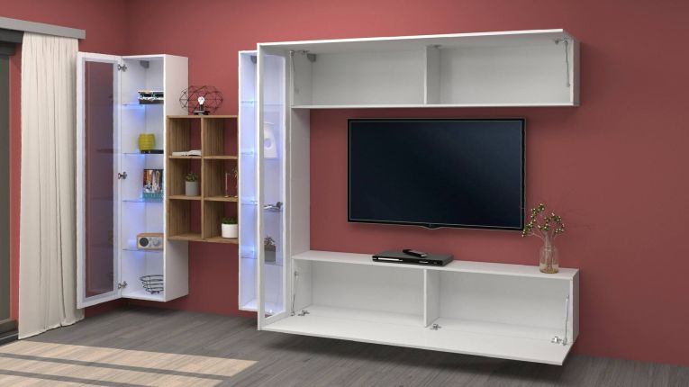 Parete attrezzata Demetrio, Set salotto porta TV a 4 ante, Mobile soggiorno multiuso, 100% Made in Italy, cm 280x30h180, Bianco lucido e Acero