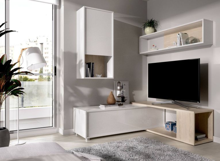 Parete attrezzata Denali, Set da soggiorno modulare ad angolo, Mobile salotto multiposizione, 230x41h180 cm, Bianco lucido e Rovere