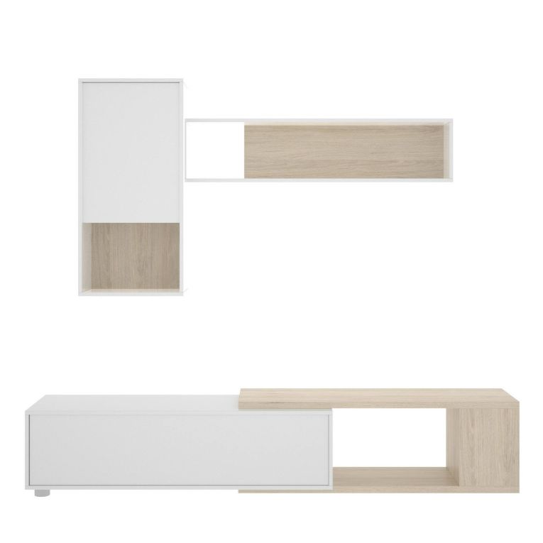 Parete attrezzata Denali, Set da soggiorno modulare ad angolo, Mobile salotto multiposizione, 230x41h180 cm, Bianco lucido e Rovere