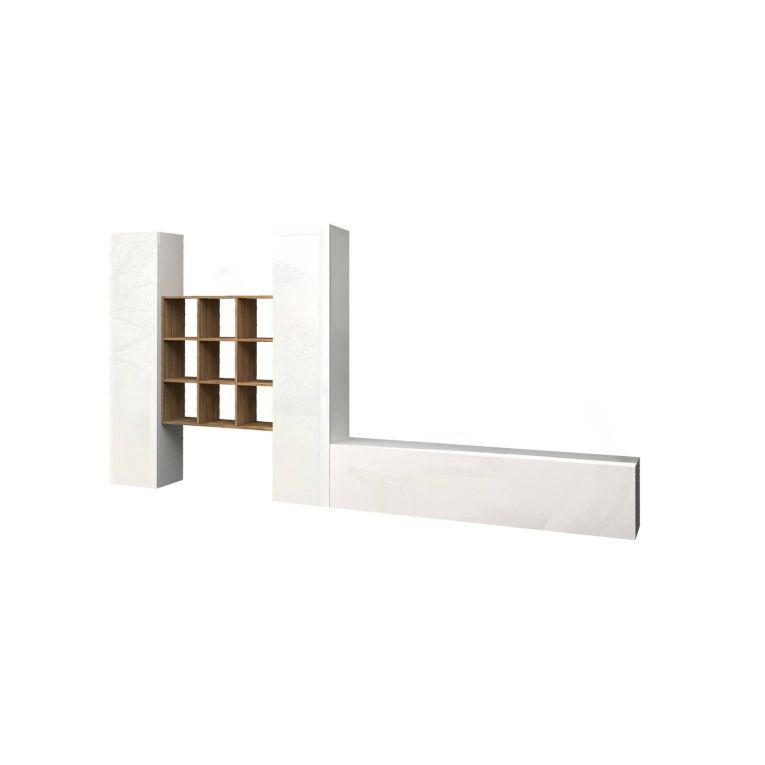 Parete attrezzata Denis, Set salotto porta TV a 3 ante, Mobile soggiorno multiuso, 100% Made in Italy, cm 270x30h180, Bianco lucido e Acero