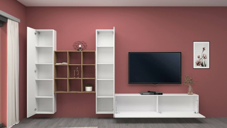 Parete attrezzata Denis, Set salotto porta TV a 3 ante, Mobile soggiorno multiuso, 100% Made in Italy, cm 270x30h180, Bianco lucido e Acero