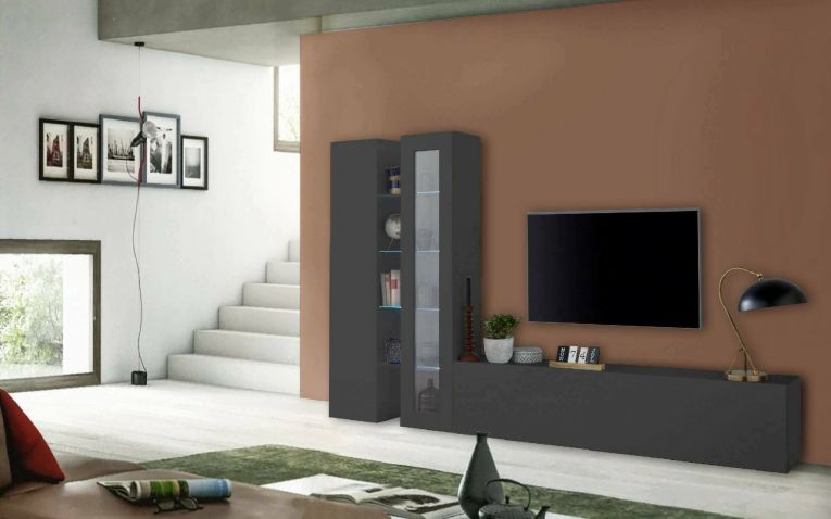 Parete attrezzata Dimitri, Set salotto porta TV a 3 ante, Mobile soggiorno multiuso con vetrina e luce LED, 100% Made in Italy, cm 280x30h180, Antracite